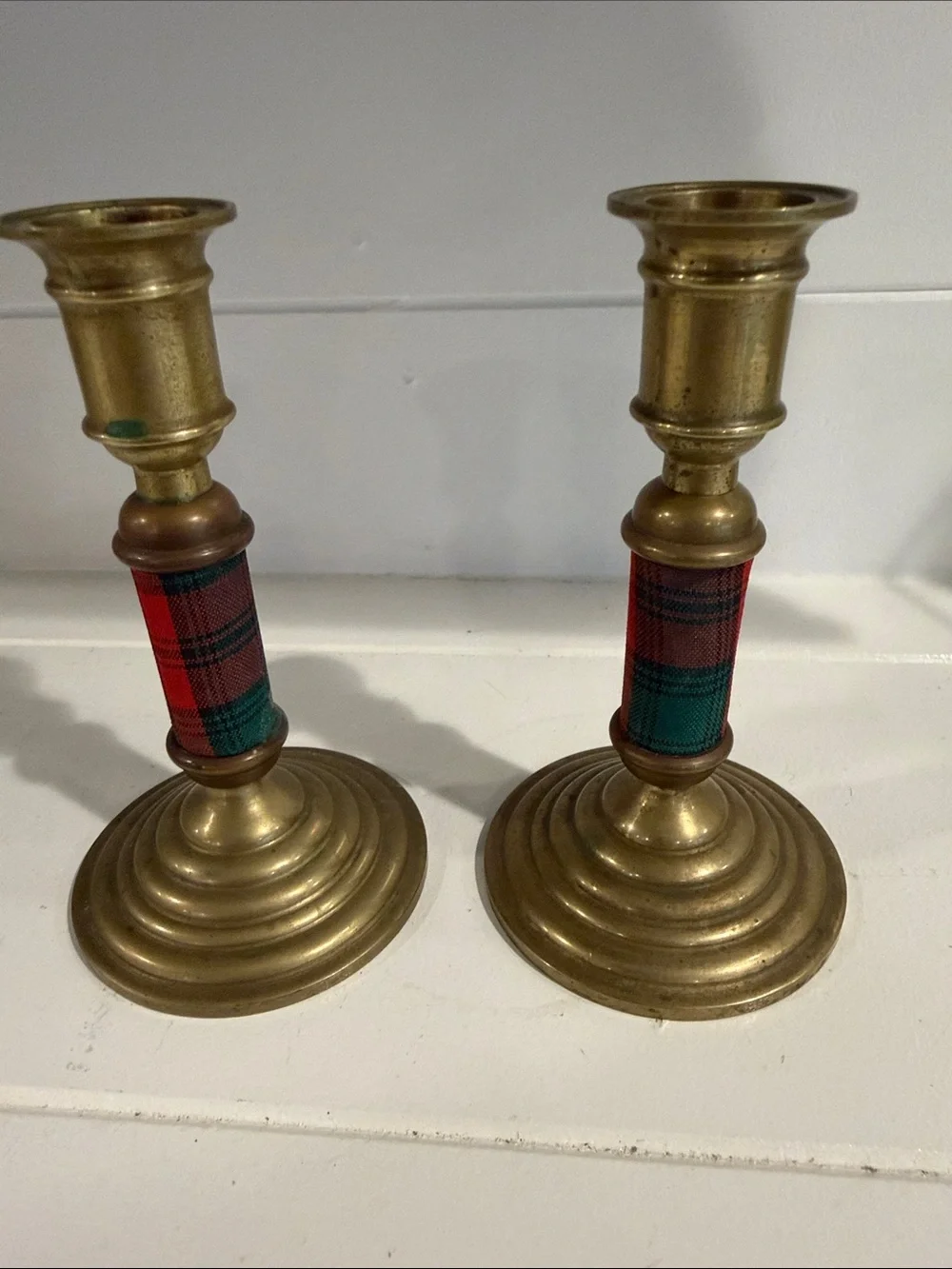 Brass Tartan Accent Candlestick Pair - Unbranded